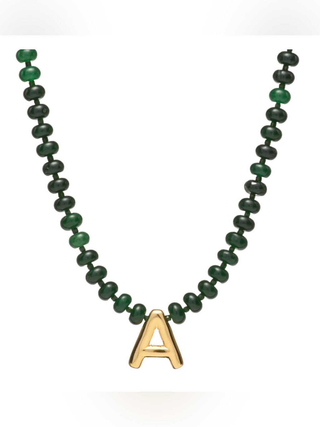 Mayamar Gold A Initial Necklace With Dark Green Jade Beads